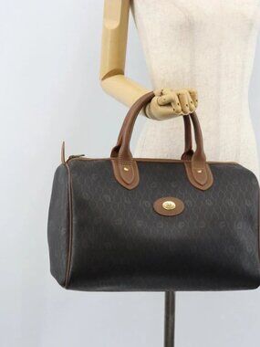 Christian Dior Honeycomb Canvas Hand Bag PVC Black Gold Auth 166851